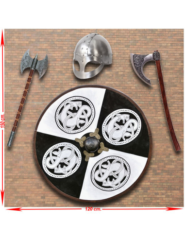 Panoplia di armi vichinghe con scudo, asce e casco