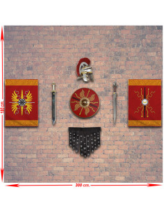 Panoplia armi legioni romane. stendardi, scudo, gladio, elmo e cingolo