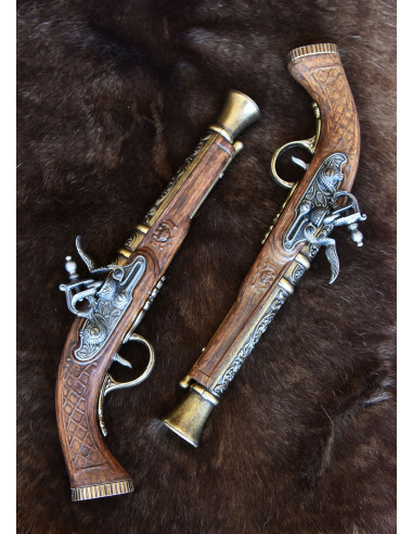 Set di 2 pistole da duello Espingoles ottonate, XVIII secolo