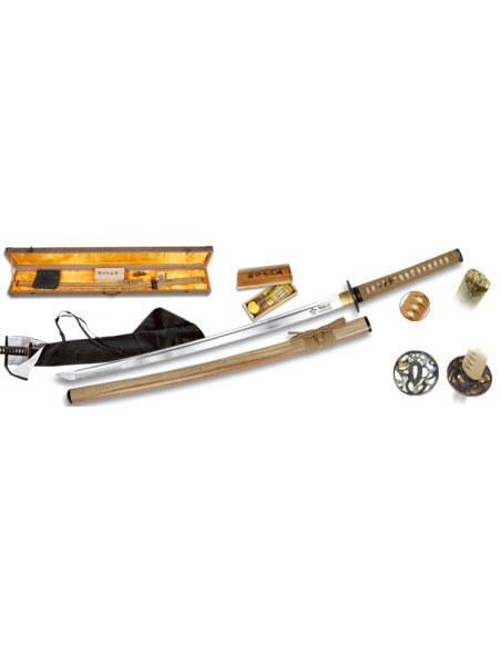 Acciaio al carbonio Katana + copertina + box + kit di pulizia + 2 tsuba