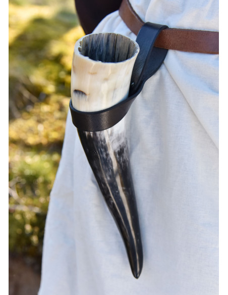 Tahalí semplice per corno in cuoio, nero