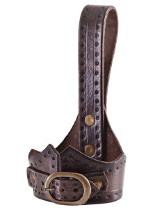 Baldric in pelle con fibbia in corno, testa di moro