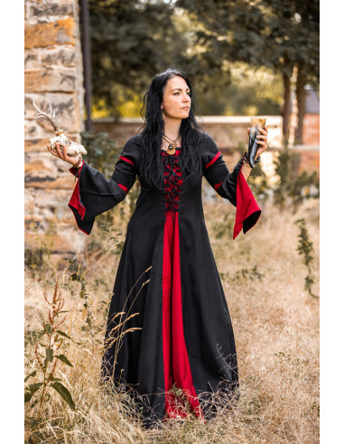 VESTITO MEDIEVALE DONNA NERO ROSSO MANICHE APERTE