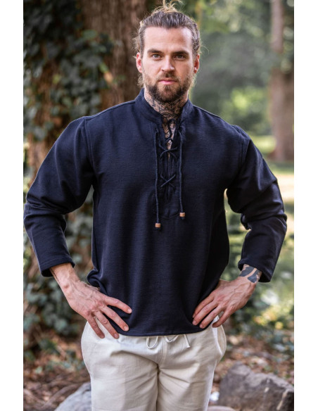 Camicia medievale spessa con lacci, nera