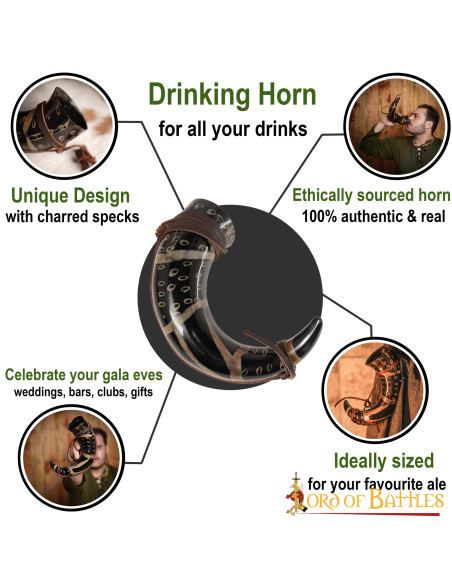 Corno per bere con cordino in cuoio