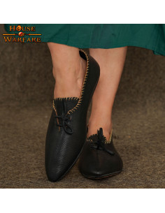 Scarpe da donna medievali in pelle con lacci - Nero 2