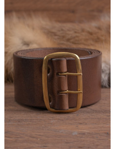 Cintura medievale in cuoio con fibbia in ottone, marrone...