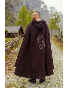 Mantello Alpha Viking con ricamo lupo, marrone