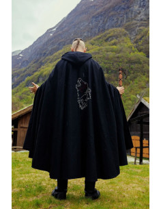 Mantello Alpha Viking con ricamo lupo, nero