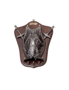 Panoplia medievale, tipo portachiavi, con 2 spade e scudo...