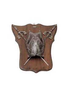 Panoplia medievale, tipo portachiavi, con 2 spade e scudo...