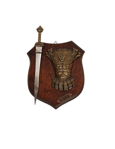 Panoplia d'armi con gladio e lorica romana (26x18 cm.)