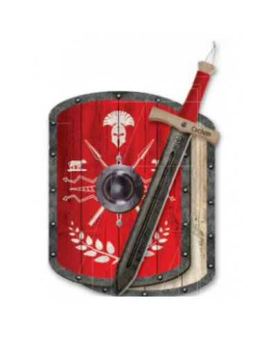 Set romano rosso per bambini scudo e spada in legno