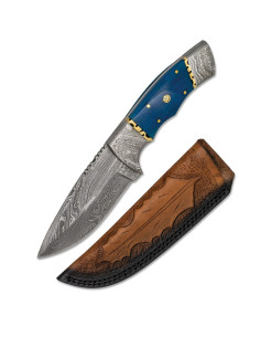 Coltello sportivo Blue bone in acciaio Damasco con fodero