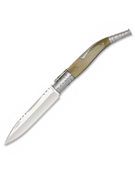 Coltello tascabile con apertura a cricchetto, manico in corno di toro