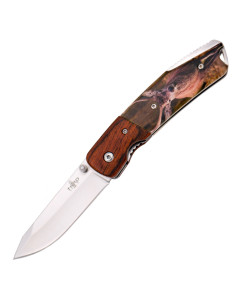 Coltello da caccia design cervo, manico in legno e ABS...