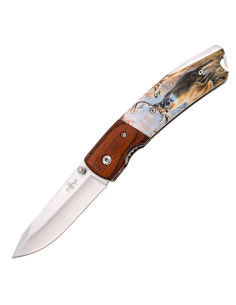 Coltello da caccia design cervo, manico in legno e ABS...