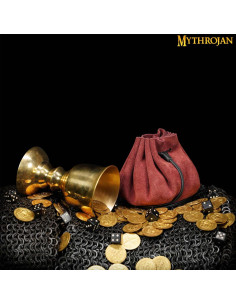 Borsa medievale per ricreazioni, oro e dadi - vino rosso