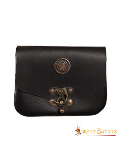 Borsa medievale in pelle nera con chiusura in ottone