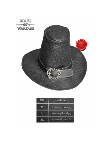Cappello da strega rinascimentale scuro in pelle nera goffrata