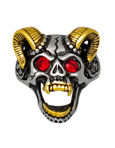 Anello in Acciaio Teschio con Corna Dorate
