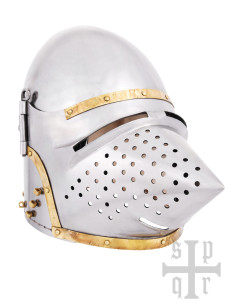 Bacino medievale a becco con visiera removibile, anno 1370