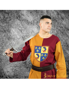 Tabardo scudo araldico medievale bicolore, senape-bordeaux