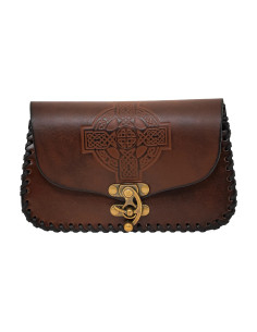 Borsa in pelle con croce celtica in rilievo, marrone