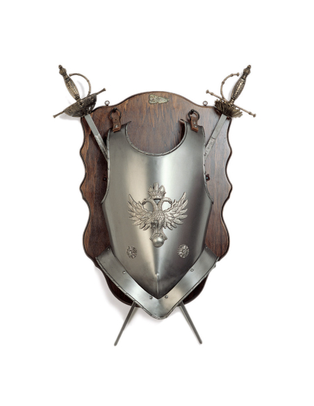 Panoplia in legno con spade e corazza...
