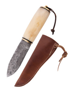 Coltello con manico in osso lama damasco con fodero (22,5...