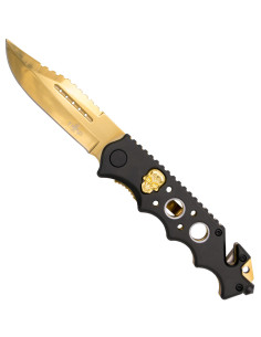 Terzo coltello tattico, disegno teschio, oro (21,2 cm.)