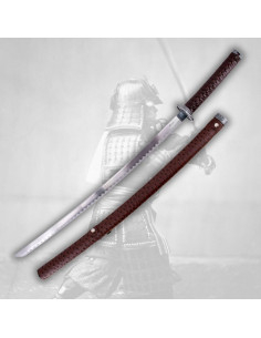 Katana decorativa con fodero rosso, con supporto