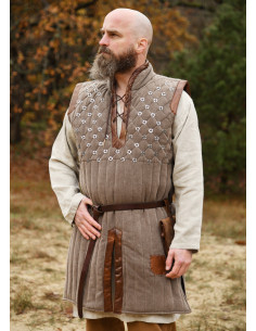 Gambesón medieval senza maniche decorato, colore marrone
