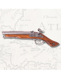 Pistola a due canne a percussione pirata del XVIII secolo, argentata