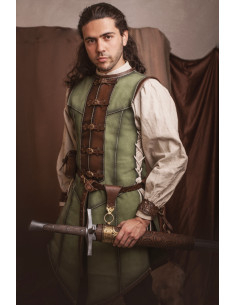 Cappa medievale lunga verde in pelle scamosciata, uomo